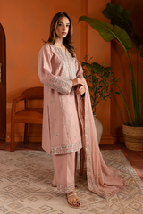 Pink Lotus 3Pc- Embroidered Lawn Party wear Dress in Tea Pink , baby pink color