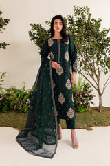 IMPERIAL GREEN EMBROIDERED 3PC Winter Dress