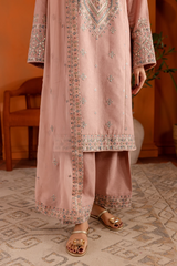 Pink Lotus 3Pc- Embroidered Lawn Party wear Dress in Tea Pink , baby pink color