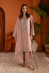 Pink Lotus 3Pc- Embroidered Lawn Party wear Dress in Tea Pink , baby pink color