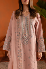 Pink Lotus 3Pc- Embroidered Lawn Party wear Dress in Tea Pink , baby pink color