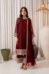 Azure 3Pc Embroidered Chifone Dress in burgandy color