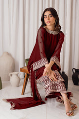 Azure 3Pc Embroidered Chifone Dress in burgandy color