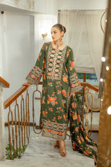 Hira Elegant Floral Embroidered Raw Silk Suit with Bamber Chiffon Dupatta