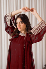 Azure 3Pc Embroidered Chifone Dress in burgandy color