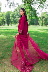 3 Pc Lawn embroidered women maroon dress
