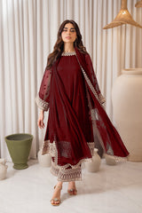 Azure 3Pc Embroidered Chifone Dress in burgandy color