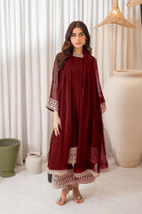Azure 3Pc Embroidered Chifone Dress in burgandy color