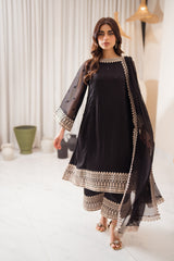 Mid night elegance embroidered 3pc chiffon women dress
