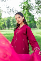 3 Pc Lawn embroidered women maroon dress