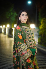 Hira Elegant Floral Embroidered Raw Silk Suit with Bamber Chiffon Dupatta