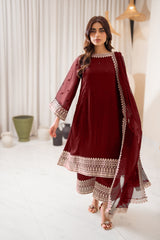 Azure 3Pc Embroidered Chifone Dress in burgandy color