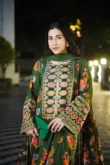 Hira Elegant Floral Embroidered Raw Silk Suit with Bamber Chiffon Dupatta