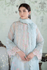 Women’s semi formal ice blue organza outfit with raw silk pants and embroidered dupatta