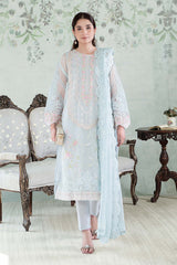 Ice Blue embroidered organza 3 piece suit with raw silk trouser and chiffon dupatta for women