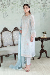 Luxury Pakistani ice blue organza dress with pastel floral embroidery and raw silk lining