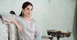 Premium ice blue Pakistani embroidered dress with raw silk trouser and chiffon dupatta