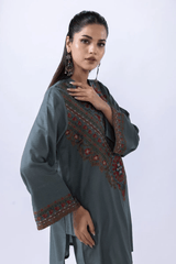 Woman wearing grey green embroidered kurta with matching palazzo trousers, Pakistani women traditional outfit