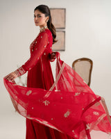 Red Embroidered Chiffon Long Maxi Dress