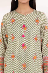 Front view of green printed kurta set