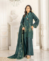 Laiba 3Pc Embroidered Karandi Dress featuring premium slub karandi fabric, fancy embroidered shirt, lace dupatta, and matching trouser — elegant winter outfit by Lalazar Shop.