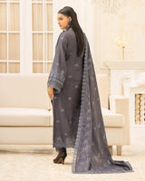 Preety aalaya 3-Piece Embroidered Winter Dress in grey with intricate floral thread work, elegant slub karandi embroidered lace dupattaand comfort of same trouser, and stylish design — perfect for formal winter wear by Lalazar Shop.