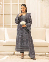 Preety aalaya 3-Piece Embroidered Winter Dress in grey with intricate floral thread work, elegant slub karandi embroidered lace dupattaand comfort of same trouser, and stylish design — perfect for formal winter wear by Lalazar Shop.