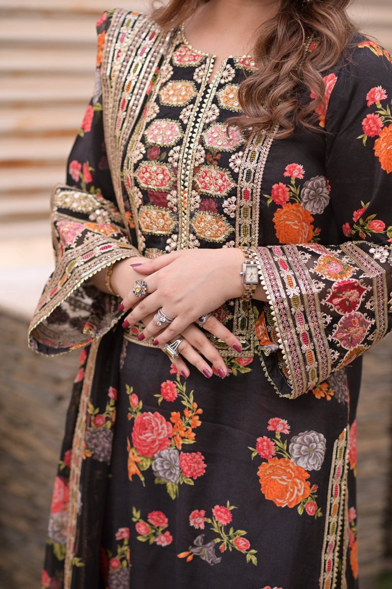 Hira Elegant Floral Embroidered Raw Silk Suit with Bamber Chiffon Dupatta