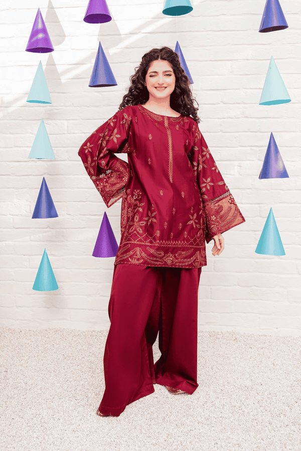 maroon rosewood short shirt and plazo trouser for women 