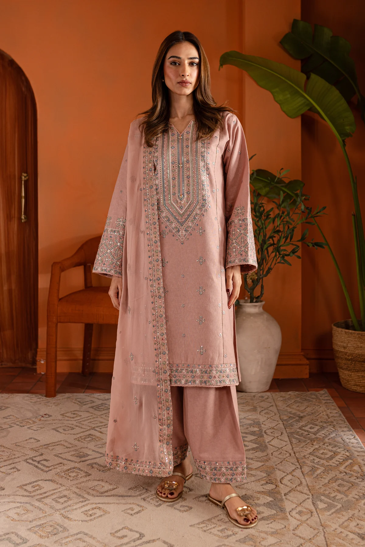Pink Lotus 3Pc- Embroidered Lawn Party wear Dress in Tea Pink , baby pink color