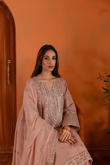Pink Lotus 3Pc- Embroidered Lawn Party wear Dress in Tea Pink , baby pink color