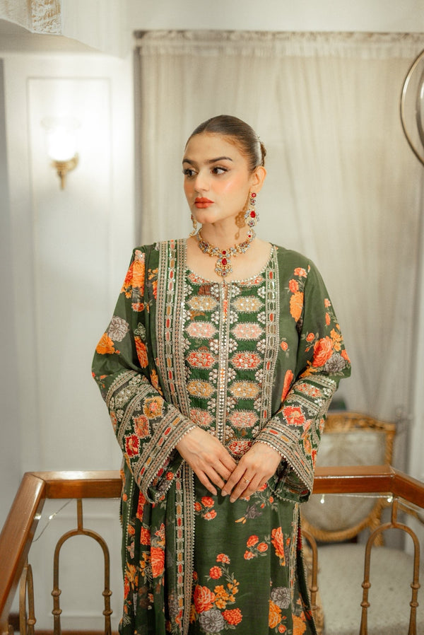 Hira Elegant Floral Embroidered Raw Silk Suit with Bamber Chiffon Dupatta