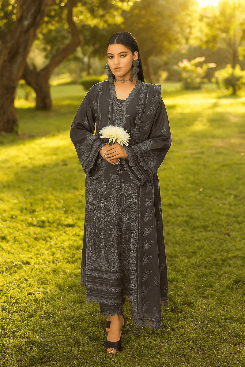 Preety aalaya 3-Piece Embroidered Winter Dress in grey with intricate floral thread work, elegant slub karandi embroidered lace dupattaand comfort of same trouser, and stylish design — perfect for formal winter wear by Lalazar Shop.