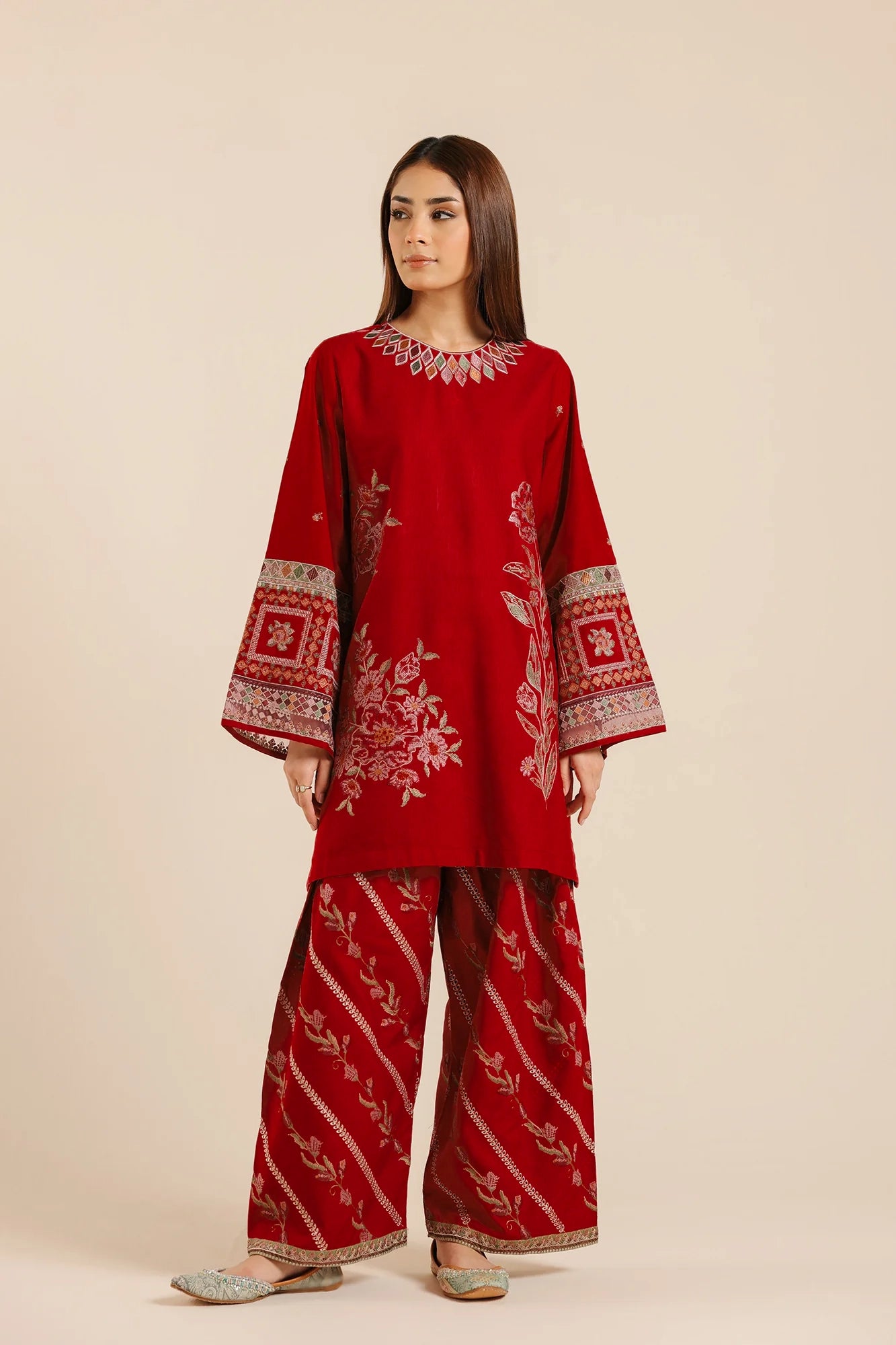 Red Embroidered short women dress