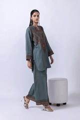 Grey green embroidered kurta trouser set for women front view