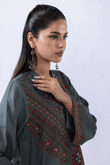 Grey green embroidered kurta trouser set for women front view