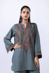 Grey green embroidered kurta trouser set for women front view