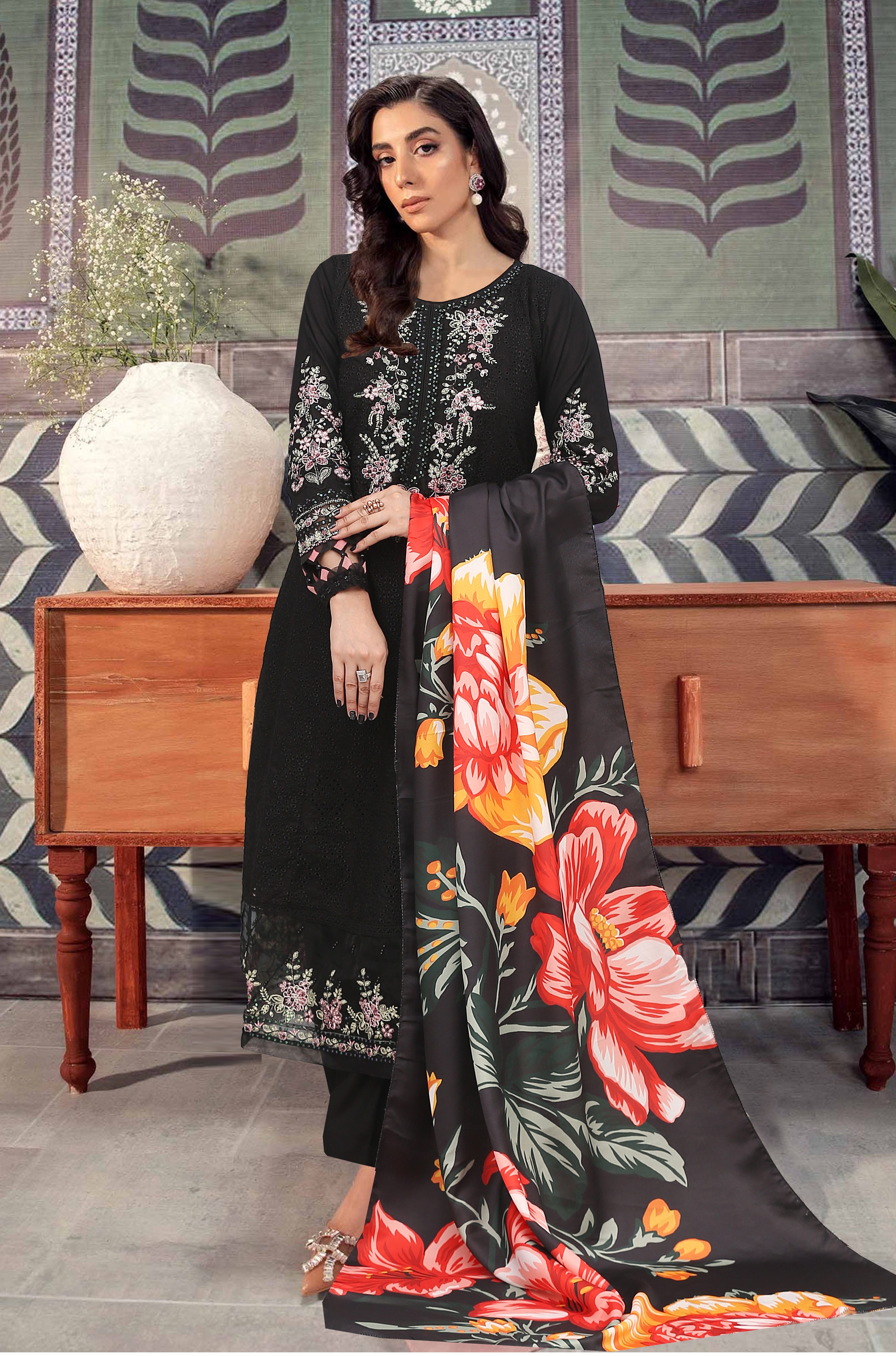 Mahpara Black 3 Pc Embroidered Dhanak Dress