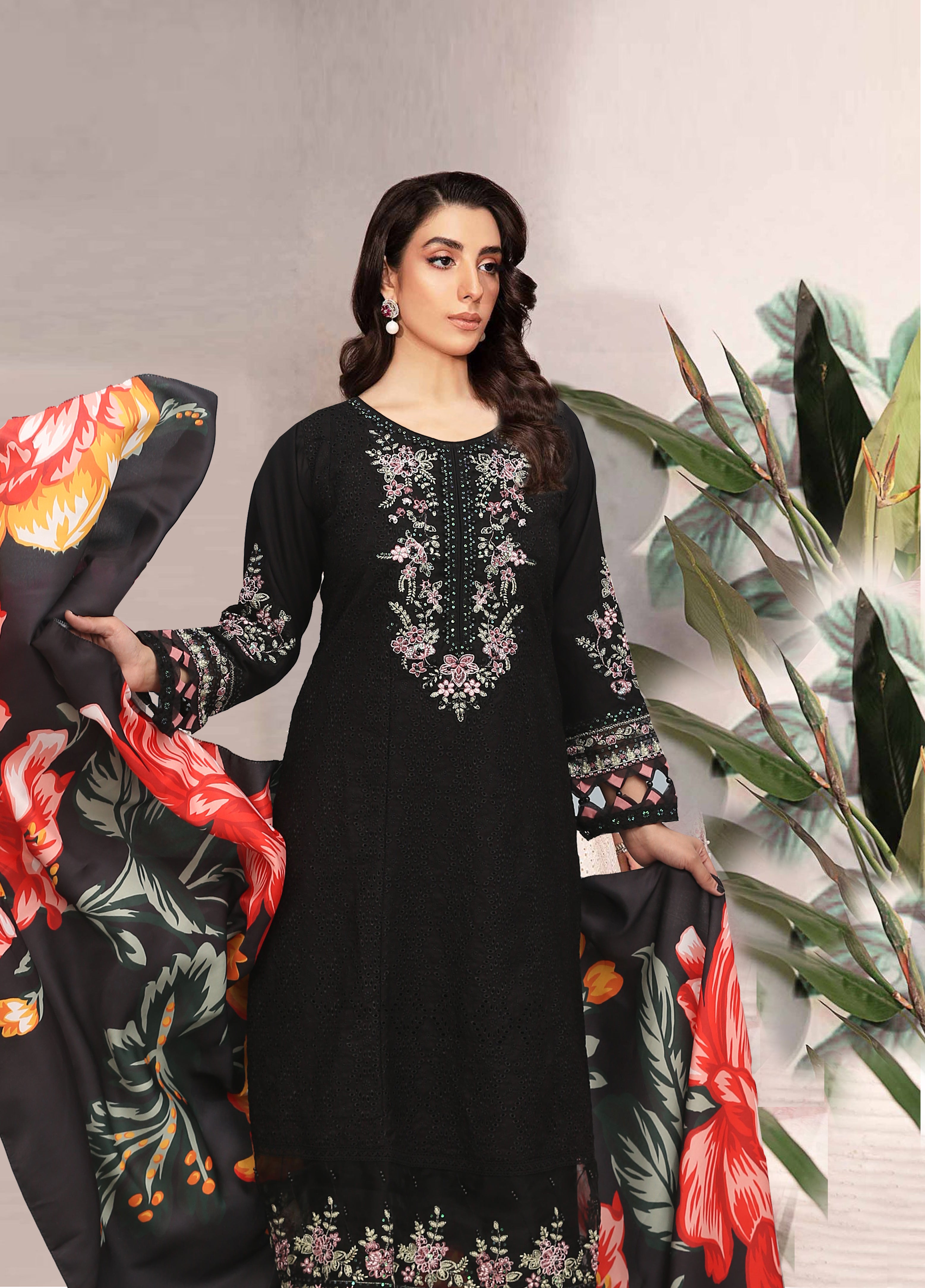 Mahpara Black 3 Pc Embroidered Dhanak Dress