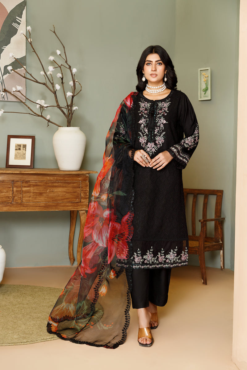 BLACK CHICKEN KARI 3PC EMBROIDERED WINTER DRESS