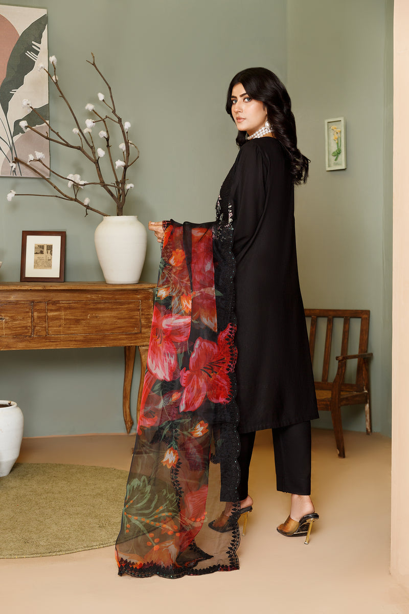 BLACK CHICKEN KARI 3PC EMBROIDERED WINTER DRESS