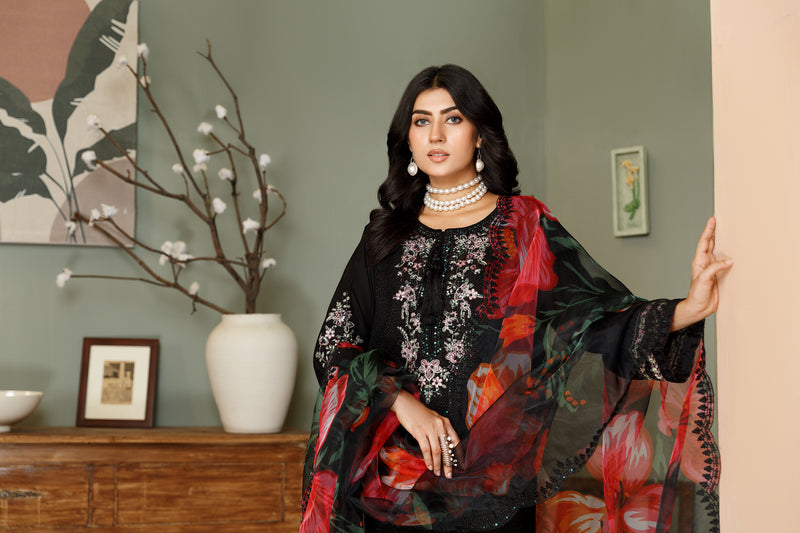 BLACK CHICKEN KARI 3PC EMBROIDERED WINTER DRESS