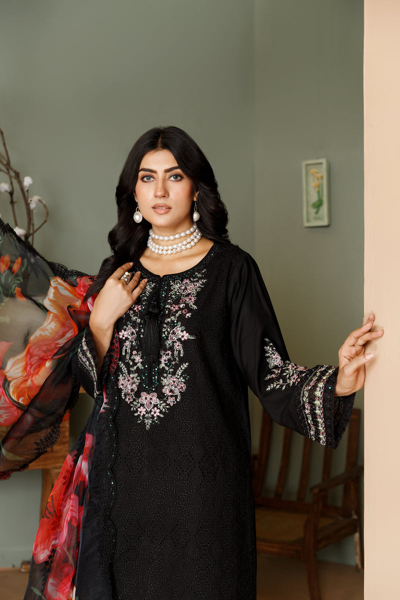 BLACK CHICKEN KARI 3PC EMBROIDERED WINTER DRESS