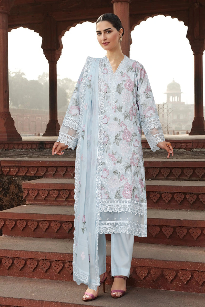 3Pc bareezay sky blue embroidered  