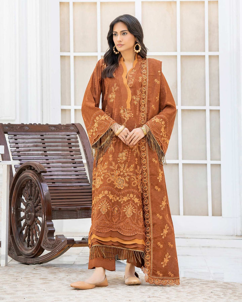 Maira 3Pc Embroidered Karandi Dress featuring premium fancy slub karandi shirt, embroidered lace dupatta, and matching trouser — elegant winter outfit by Lalazar Shop.