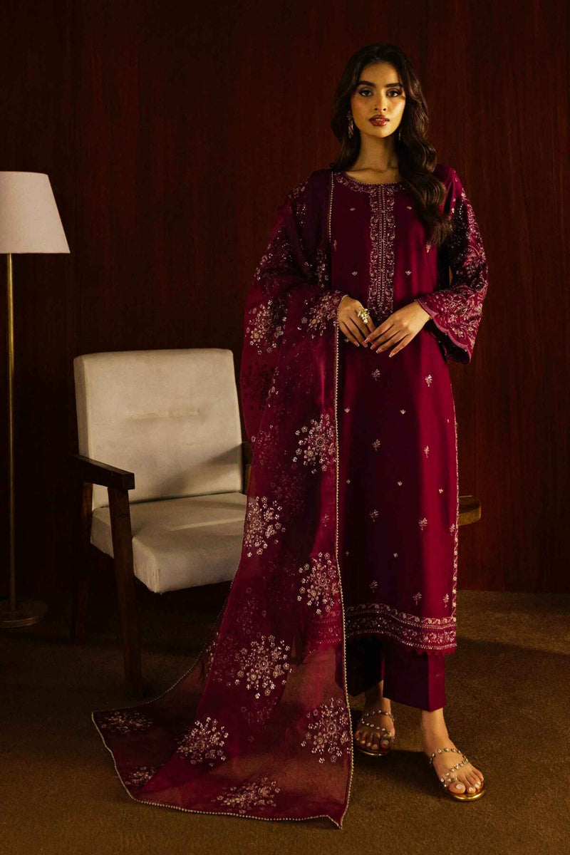 Masooma 3Pc - Embroidered Lawn Dress in Purple Maroon Magenta color