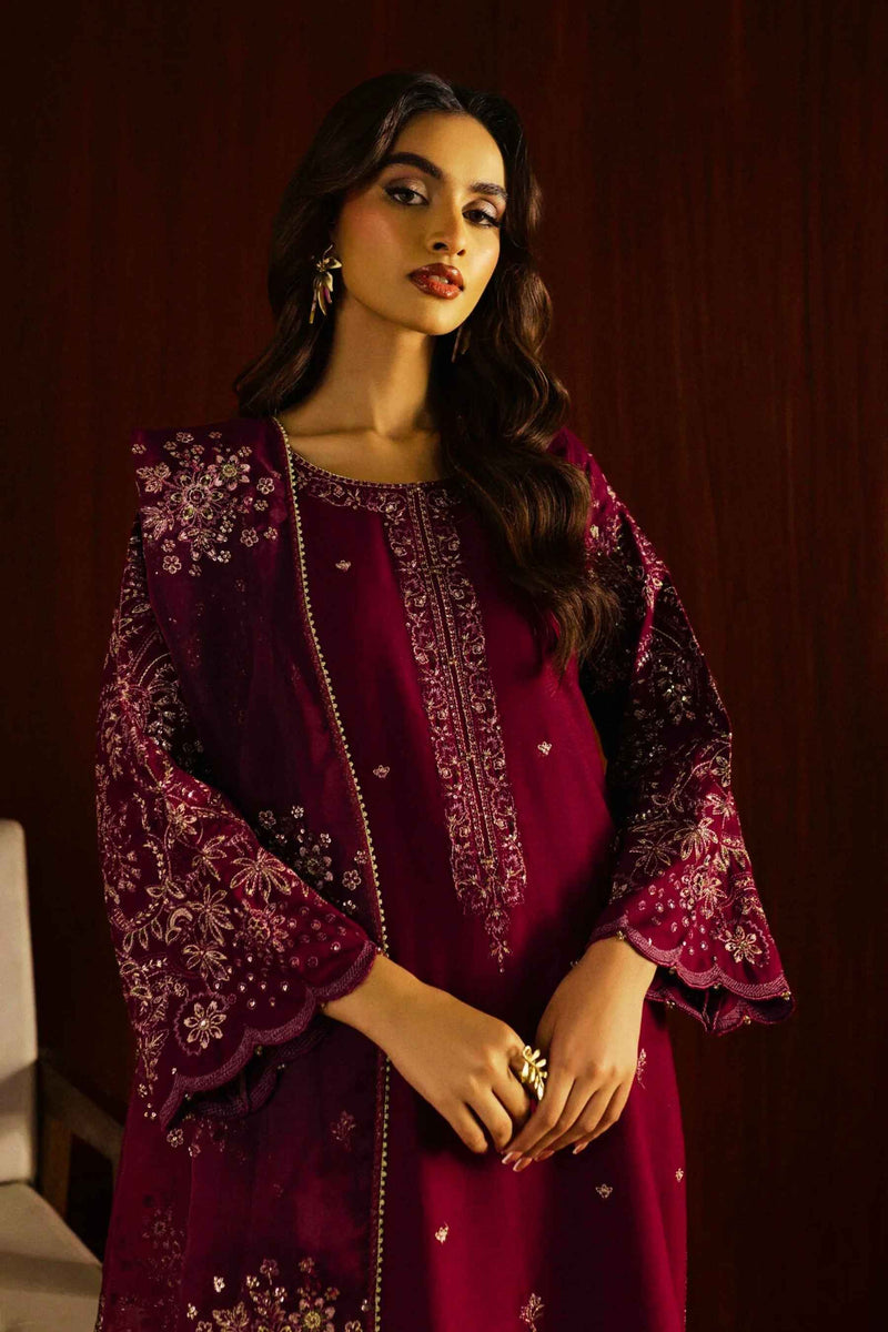Masooma 3Pc - Embroidered Lawn Dress in Purple Maroon Magenta color