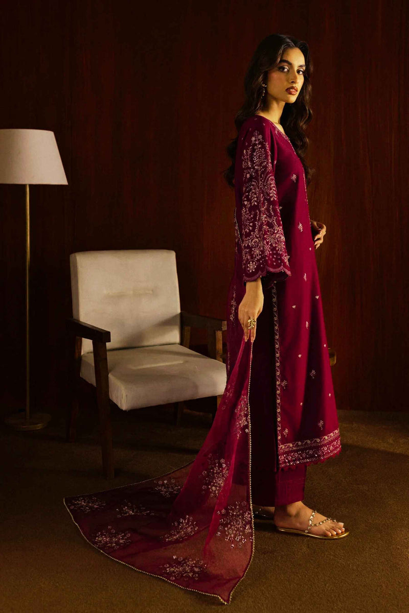 Masooma 3Pc - Embroidered Lawn Dress in Purple Maroon Magenta color