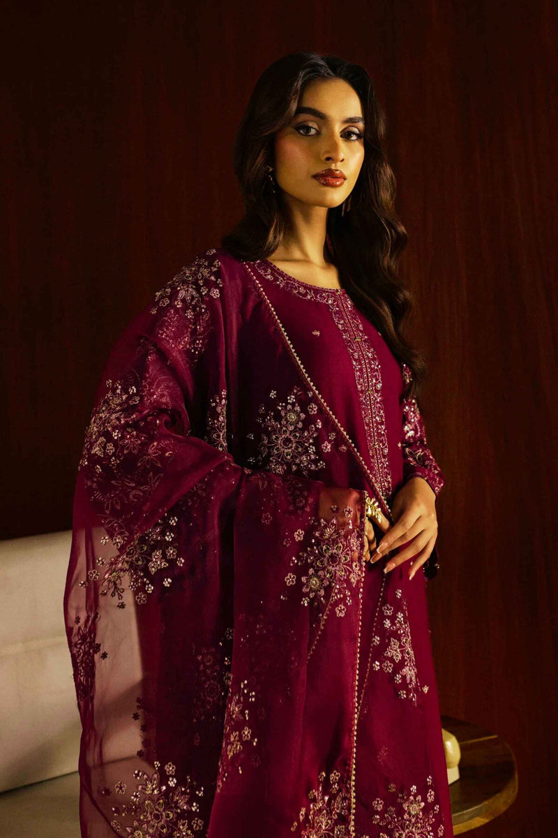 Masooma 3Pc - Embroidered Lawn Dress in Purple Maroon Magenta color