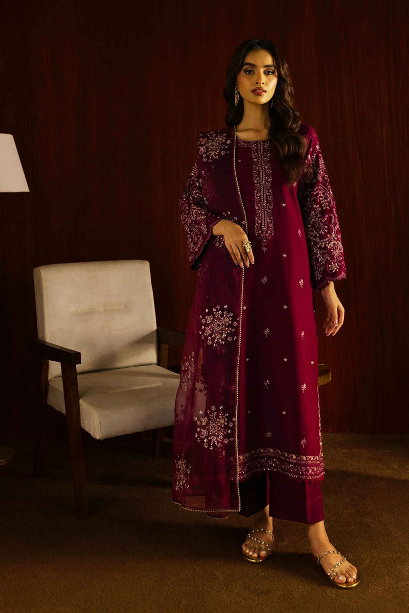 Masooma 3Pc - Embroidered Lawn Dress in Purple Maroon Magenta color